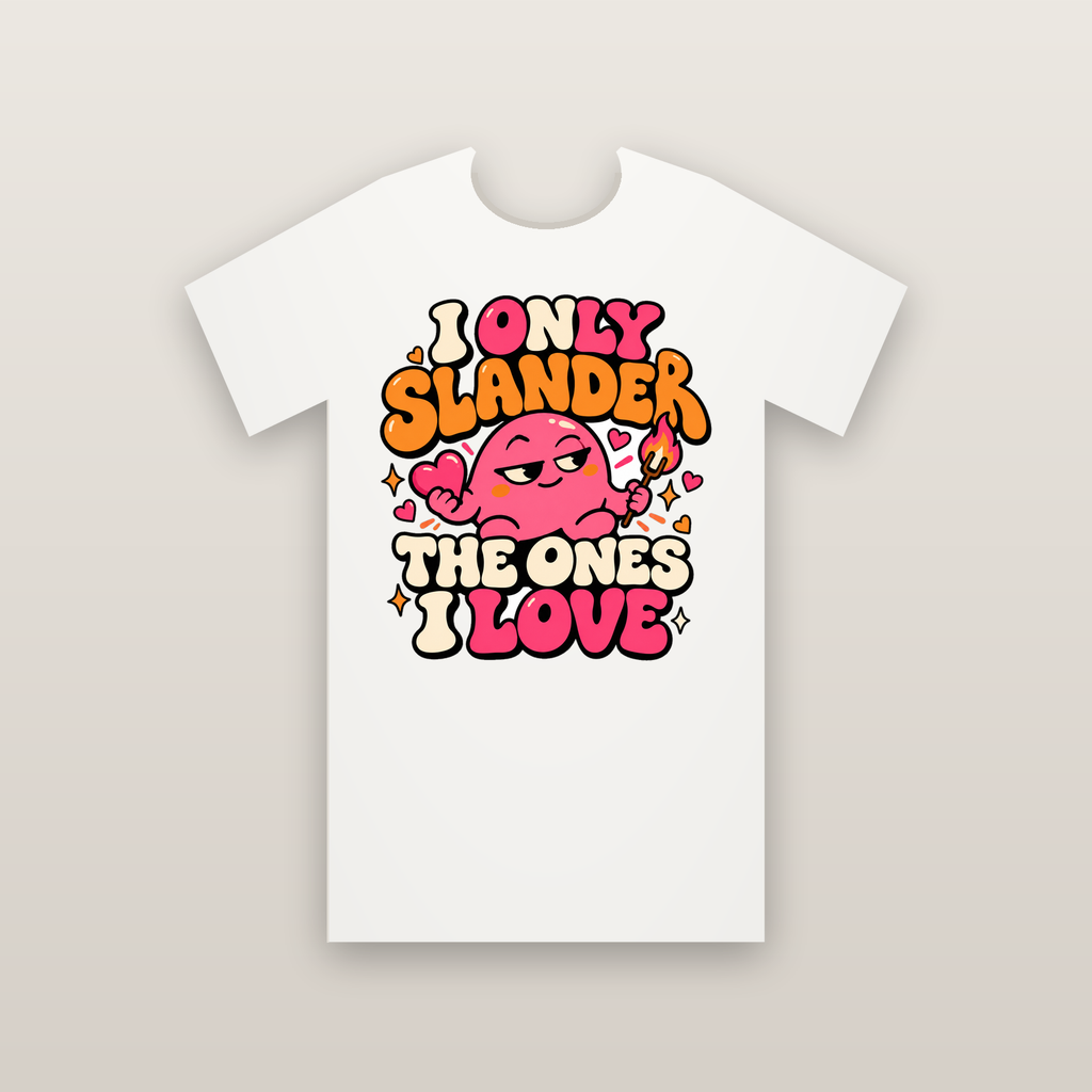 White tee with 'I only slander the ones I love' design
